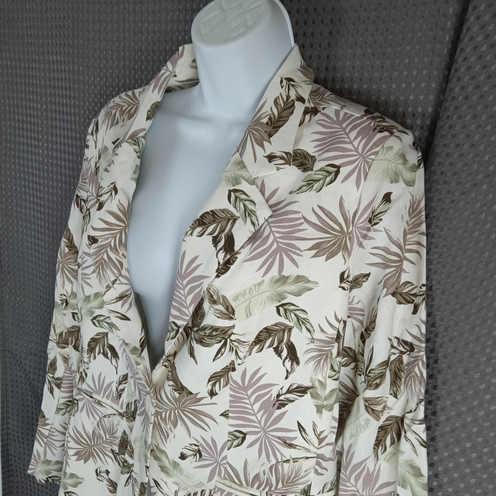 Solitaire Women's Tropical Leaf Print Linen Blend Blazer Jacket Size L NWT